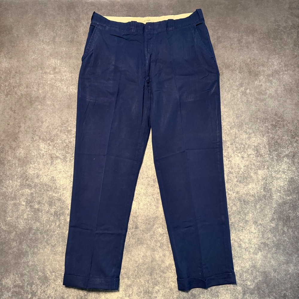 VTG Unitog Navy Blue Work Pants Mens 36 Union Made Talon Zip Cuffed Chinos 70s